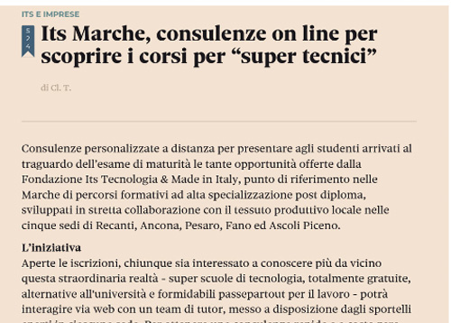 Il Sole 24 Ore

ITS Marche, consulenze online per scoprire i corsi per "super tecnici"