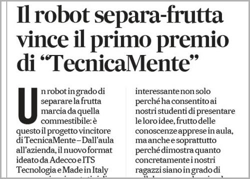 Corriere Adriatico

Il robot separa-frutta vince il primo premio di "TecnicaMente"