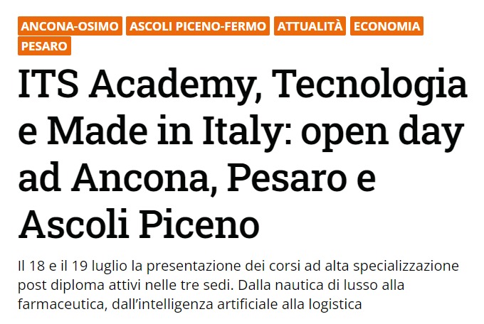 Centro pagina, 17 luglio

ITS Academy, Tecnologia e Made in Italy: open day ad Ancona, Pesaro e Ascoli Piceno