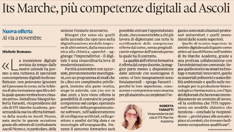 Il Sole 24 Ore, 5 settembre 2025

ITS Marche, più competenze digitali a Ascoli