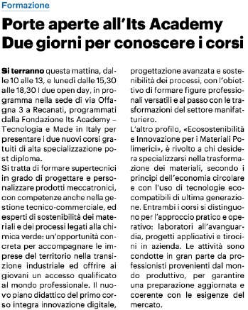 Il Resto del Carlino, 5 settembre 2025

Porte aperte all'ITS Academy