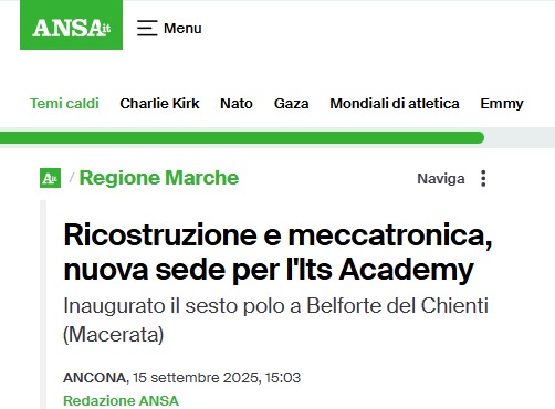 Ansa Marche. 16 settembre 2025

Ricostruzione e meccatronica, nuova sede per l'Its Academy