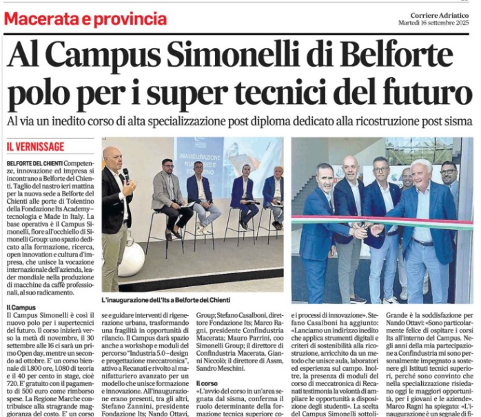 Corriere Adriatico, 16 settembre 2025

Al campus Simonelli di Belforte polo per i super tecnici del futuro
