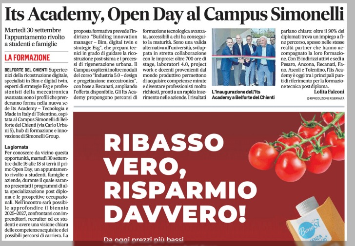 Corriere adriatico, 27 settembre 2025

Its Academy, open day al campus Simonelli