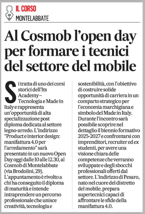 Corriere Adriatico, 29 settembre 2025

Al Cosmob l'open day per formare i tecnici del settore del mobile