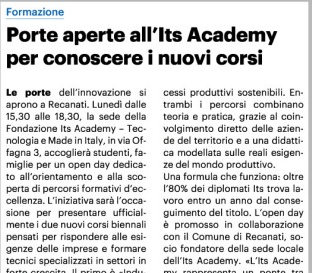 Resto del Carlino, 3 ottobre 2025

Porte aperte all'ITS Academy per conoscere i nuovi corsi