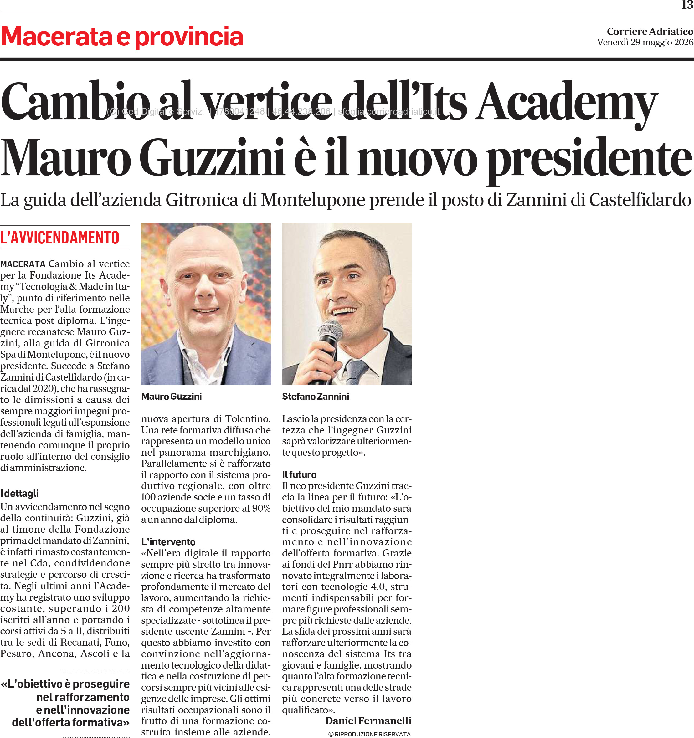 CORRIERE ADRIATICO, 29 maggio 2026

Cambio al vertice dell' Its Academy Mauro Guzzini è il nuovo presidente